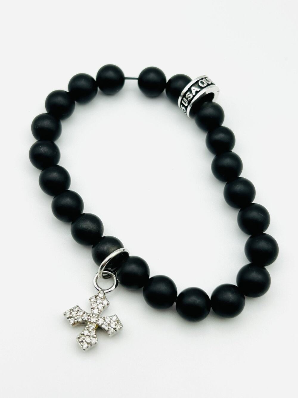 King Baby Studio Onyx Black 8MM Bead w MB Cross Charm w CZ Stone Bracelet